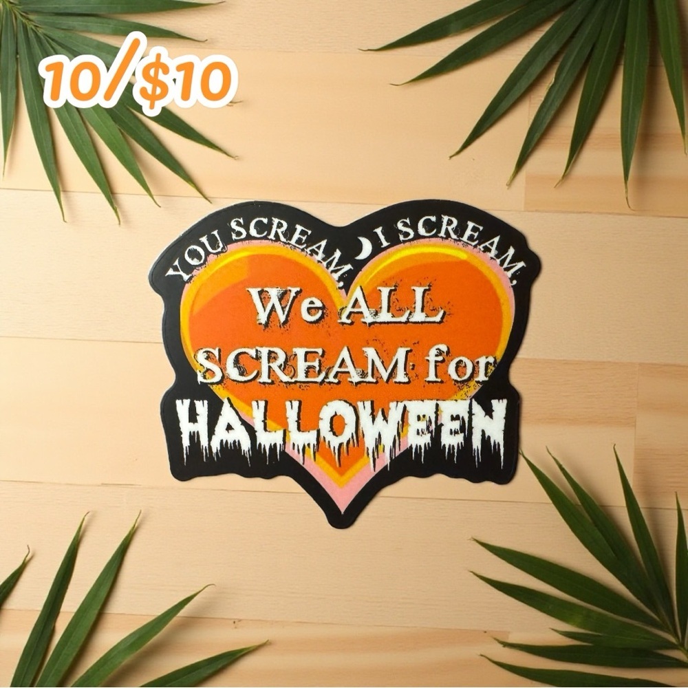Vintage Halloween Sticker – “We All Scream for Halloween” Heart Design